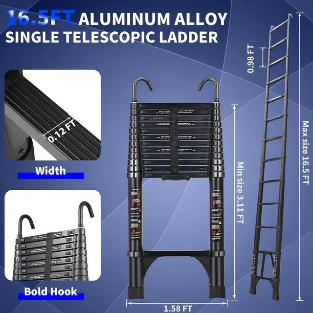 Alt view image 3 of 7 - JADDUO 16.5FT Telescopic Ladder, Aluminium Black Telescoping Ladder with Non-Slip Feet and Stable Hook, Portable Extension Ladder for Household and Outdoor Working, Heavy Duty 330lbs Max Capacity
