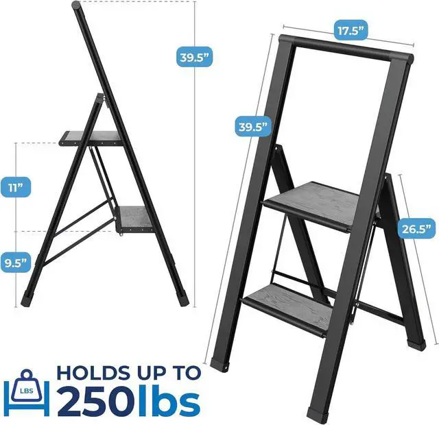 Alt view image 2 of 7 - Step Ladder 2 Step Folding, Decorative - Beautiful Gray Wood & Black Aluminum, Ultra Slim Profile, Anti Slip Steps, Sturdy-Portable for Home, Office, Kitchen, Photography Use,by SORFEY