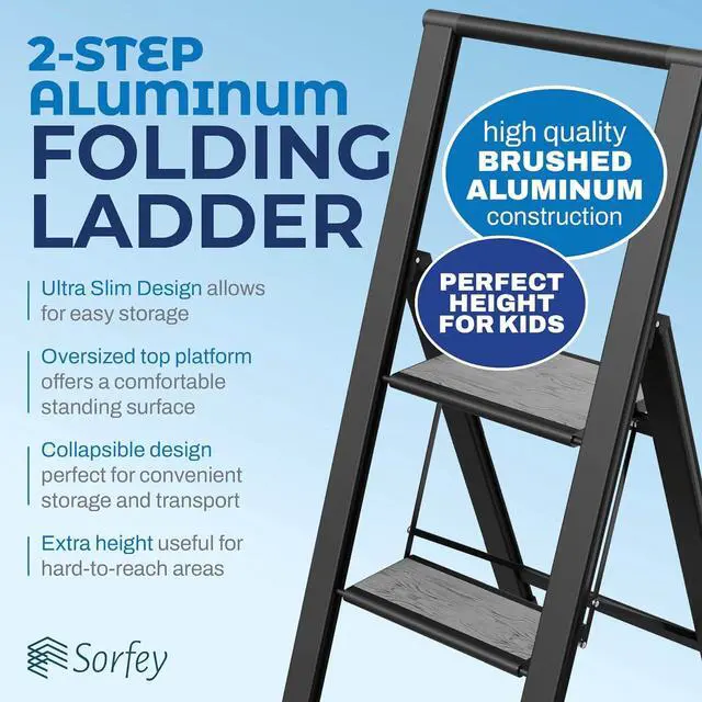 Alt view image 3 of 7 - Step Ladder 2 Step Folding, Decorative - Beautiful Gray Wood & Black Aluminum, Ultra Slim Profile, Anti Slip Steps, Sturdy-Portable for Home, Office, Kitchen, Photography Use,by SORFEY