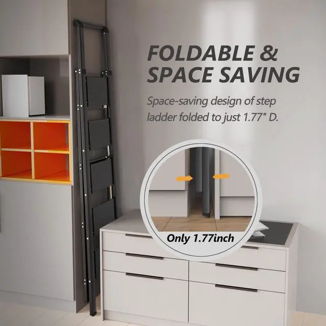 Alt view image 6 of 7 - 5 Step Ladder, Folding Step Stool, Lightweight Steel Foldable Black Ladder for 10 Foot High Ceiling with Anti-Slip Wide Sturdy Pedal and Handgrip, Multi-Use for Home (300 lbs Capacity)