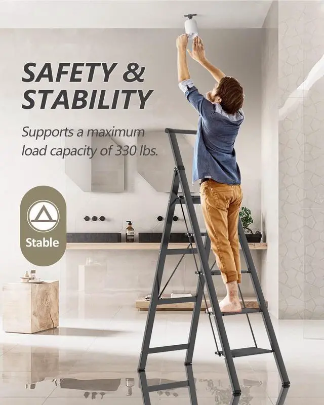Alt view image 5 of 7 - 5 Step Ladder, Folding Step Stool, Lightweight Steel Foldable Black Ladder for 10 Foot High Ceiling with Anti-Slip Wide Sturdy Pedal and Handgrip, Multi-Use for Home (300 lbs Capacity)