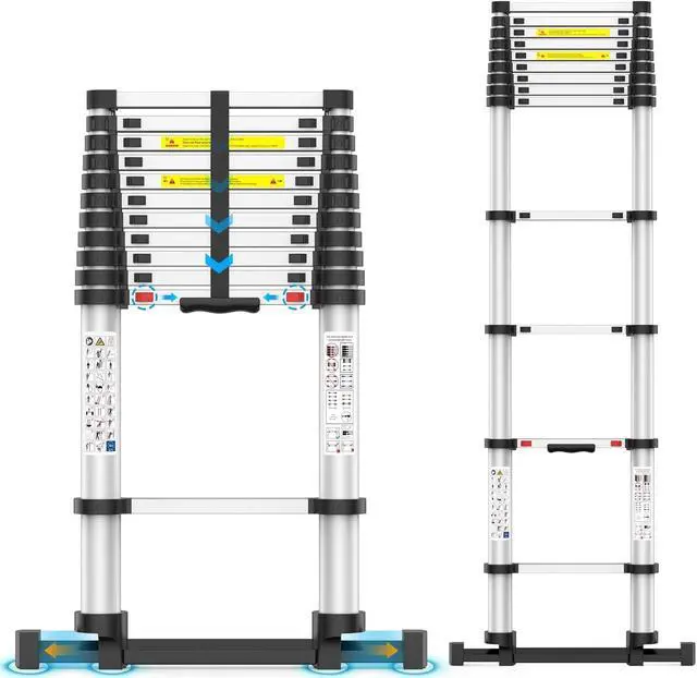 Main image of 15.5FT Telescoping Ladder, Collapsible Ladder with Bottom Stabilizers, Slow Descent, One-Click Retraction to Protect FingerSuitable for RV or Outdoor Work