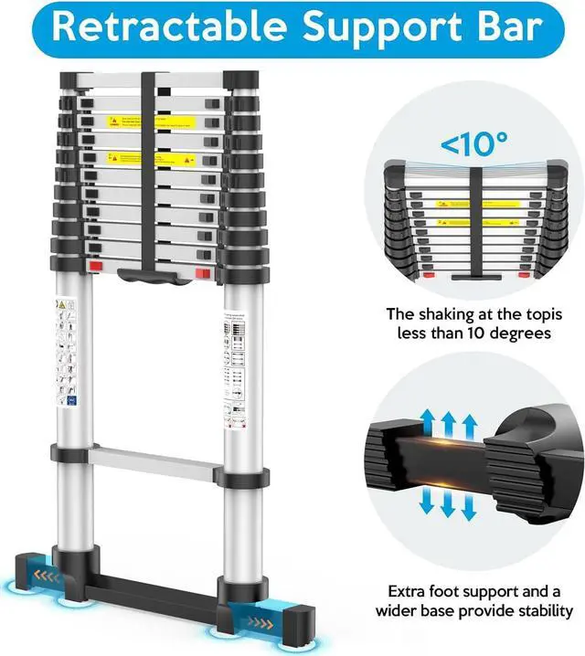 Alt view image 2 of 6 - 15.5FT Telescoping Ladder, Collapsible Ladder with Bottom Stabilizers, Slow Descent, One-Click Retraction to Protect FingerSuitable for RV or Outdoor Work