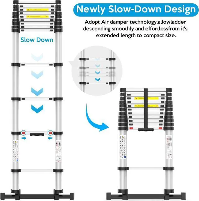 Alt view image 3 of 6 - 15.5FT Telescoping Ladder, Collapsible Ladder with Bottom Stabilizers, Slow Descent, One-Click Retraction to Protect FingerSuitable for RV or Outdoor Work