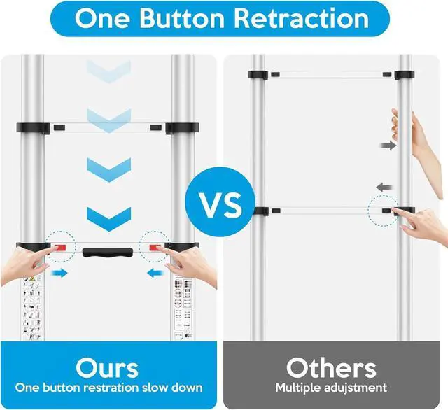 Alt view image 4 of 6 - 15.5FT Telescoping Ladder, Collapsible Ladder with Bottom Stabilizers, Slow Descent, One-Click Retraction to Protect FingerSuitable for RV or Outdoor Work