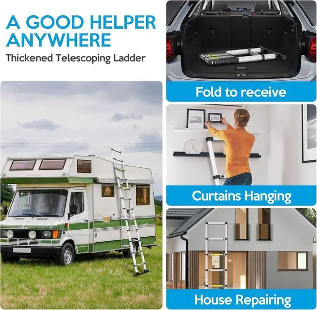Alt view image 6 of 6 - 15.5FT Telescoping Ladder, Collapsible Ladder with Bottom Stabilizers, Slow Descent, One-Click Retraction to Protect FingerSuitable for RV or Outdoor Work