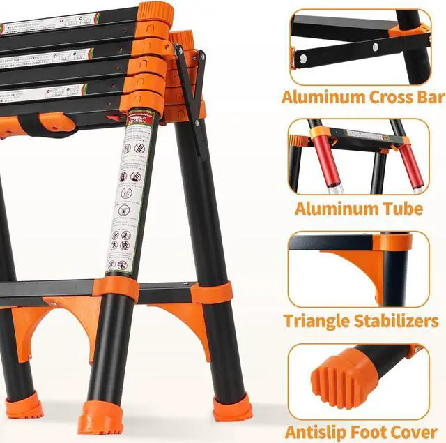 Alt view image 2 of 6 - RIKADE Telescoping Ladder, A-Frame Aluminum Telescopic Ladder with 1-Button Retraction, Portable Extension Ladder Adjustable Lightweight Folding Ladder for Home or RV Work, 330lb Capacity(1.7+2M)