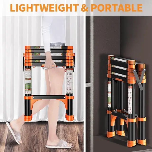 Alt view image 4 of 6 - RIKADE Telescoping Ladder, A-Frame Aluminum Telescopic Ladder with 1-Button Retraction, Portable Extension Ladder Adjustable Lightweight Folding Ladder for Home or RV Work, 330lb Capacity(1.7+2M)