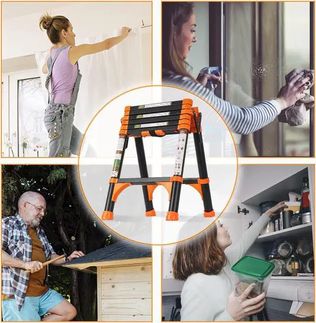 Alt view image 6 of 6 - RIKADE Telescoping Ladder, A-Frame Aluminum Telescopic Ladder with 1-Button Retraction, Portable Extension Ladder Adjustable Lightweight Folding Ladder for Home or RV Work, 330lb Capacity(1.7+2M)