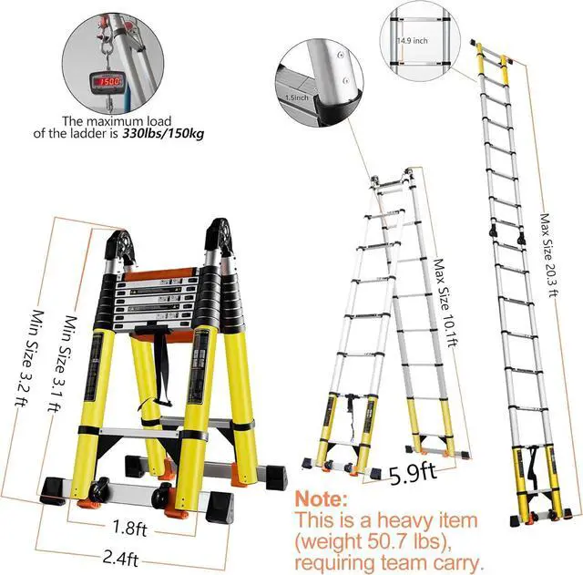 Alt view image 2 of 6 - 20FT A Frame Telescoping Ladder w. Double Balance Bar/Wheels/Tools Bag, Type-A Collapsible Ladder Adjustable Extension Ladder 8+8 Foot Step Ladders 330lbs Capacity Portable Aluminum (2024 Widened)