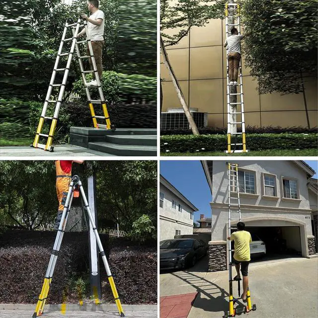 Alt view image 6 of 6 - 20FT A Frame Telescoping Ladder w. Double Balance Bar/Wheels/Tools Bag, Type-A Collapsible Ladder Adjustable Extension Ladder 8+8 Foot Step Ladders 330lbs Capacity Portable Aluminum (2024 Widened)