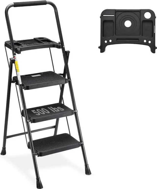Main image of HBTower 3 Step Ladder with Tool Tray, Folding Step Stool with Wide Non-Slip Pedal and Comfort Handgrip for Household and Office, Lightweight 500lbs Capacity Step Ladder, Black
