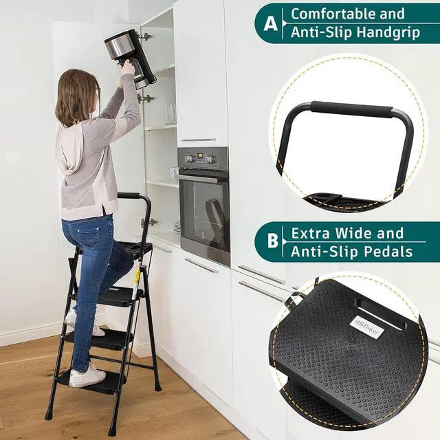 Alt view image 2 of 7 - HBTower 3 Step Ladder with Tool Tray, Folding Step Stool with Wide Non-Slip Pedal and Comfort Handgrip for Household and Office, Lightweight 500lbs Capacity Step Ladder, Black