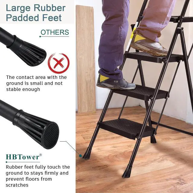 Alt view image 3 of 7 - HBTower 3 Step Ladder with Tool Tray, Folding Step Stool with Wide Non-Slip Pedal and Comfort Handgrip for Household and Office, Lightweight 500lbs Capacity Step Ladder, Black