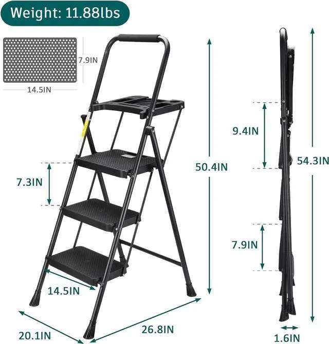 Alt view image 5 of 7 - HBTower 3 Step Ladder with Tool Tray, Folding Step Stool with Wide Non-Slip Pedal and Comfort Handgrip for Household and Office, Lightweight 500lbs Capacity Step Ladder, Black