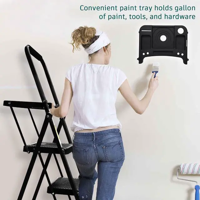 Alt view image 6 of 7 - HBTower 3 Step Ladder with Tool Tray, Folding Step Stool with Wide Non-Slip Pedal and Comfort Handgrip for Household and Office, Lightweight 500lbs Capacity Step Ladder, Black