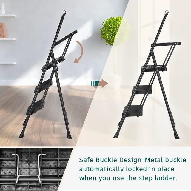 Alt view image 4 of 7 - HBTower 3 Step Ladder with Tool Tray, Folding Step Stool with Wide Non-Slip Pedal and Comfort Handgrip for Household and Office, Lightweight 500lbs Capacity Step Ladder, Black