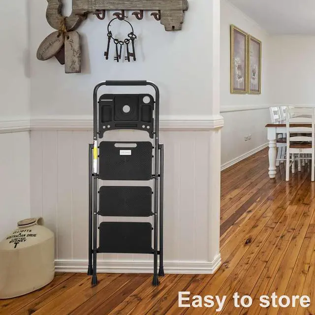 Alt view image 7 of 7 - HBTower 3 Step Ladder with Tool Tray, Folding Step Stool with Wide Non-Slip Pedal and Comfort Handgrip for Household and Office, Lightweight 500lbs Capacity Step Ladder, Black
