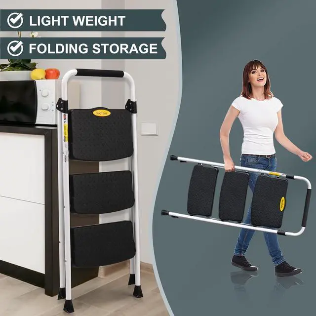 Alt view image 5 of 6 - SocTone 3 Step Ladder, Folding Step Stool for Adults with Handle, Lightweight, Perfect for Kitchen& Household, 500lbs Capacity Sturdy Steel Ladder White