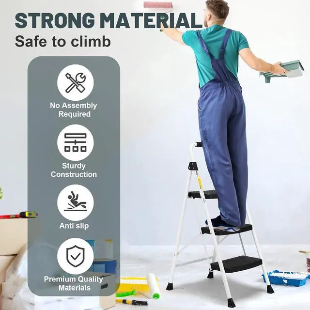 Alt view image 2 of 6 - SocTone 3 Step Ladder, Folding Step Stool for Adults with Handle, Lightweight, Perfect for Kitchen& Household, 500lbs Capacity Sturdy Steel Ladder White