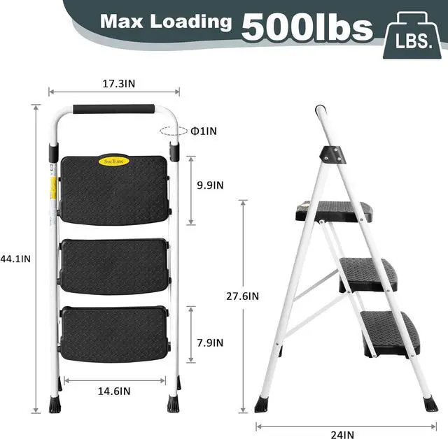 Alt view image 6 of 6 - SocTone 3 Step Ladder, Folding Step Stool for Adults with Handle, Lightweight, Perfect for Kitchen& Household, 500lbs Capacity Sturdy Steel Ladder White
