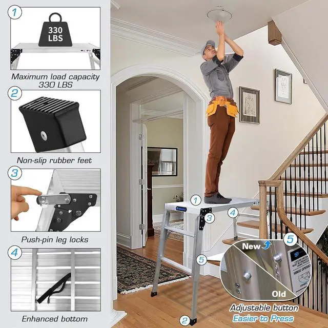 Alt view image 2 of 6 - ORIENTOOLS Adjustable Work Platform, (39.4" X 18.5") Portable Folding Aluminum Step Ladder, Scaffolding Platform of Capacity 330 LBS Heavy Duty, 7 Gear Adjustable Height 24 to 35 inches