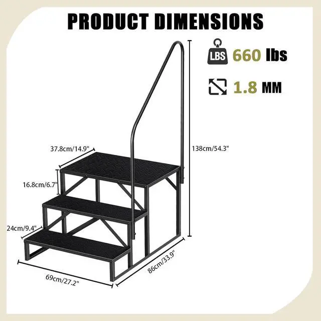Alt view image 2 of 7 - Step Ladder, Step Stool with Handle, Heavy Duty Pool Ladder Above Ground 660Lbs, Camper Steps Outdoor Steps RV Stairs for Reaching High, Portable Home Stairs for Travel Trailer (3 Step, Single Handle)