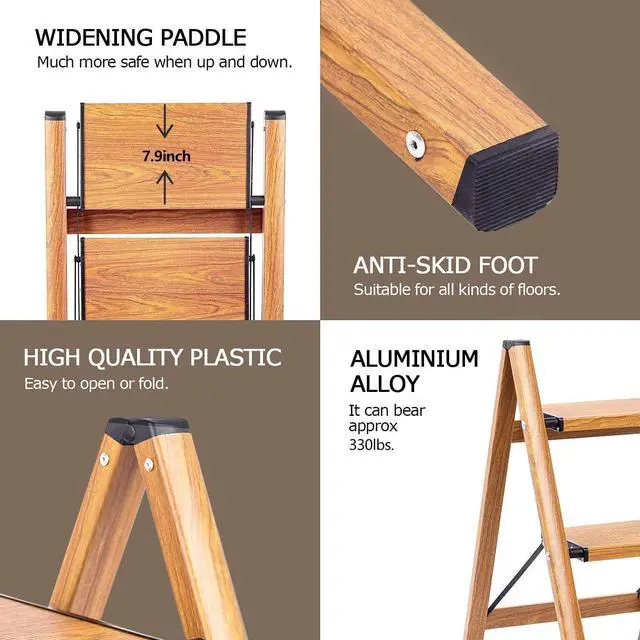 Alt view image 6 of 7 - 3 Step Ladder, Folding Step Stool with Anti-Slip Wide Sturdy Pedal and Handgrip, Multi-Use for Home and Kitchen Use, Space Saving-Woodgrain(300 lbs Capacity)