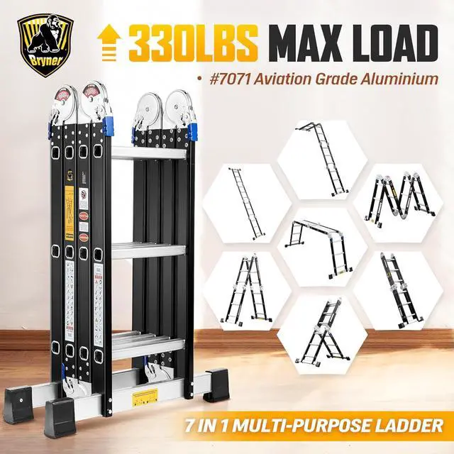 Alt view image 2 of 7 - Ladder, Bryner 7 in 1 Multi-Purpose Ladder Aluminium Extension Ladder 12Ft Folding Adjustable Telescoping Step Ladder Heavy Duty Ladders Meet SGS EN 131 Standard 330lbs