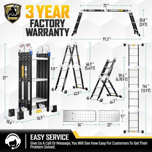Alt view image 6 of 7 - Ladder, Bryner 7 in 1 Multi-Purpose Ladder Aluminium Extension Ladder 12Ft Folding Adjustable Telescoping Step Ladder Heavy Duty Ladders Meet SGS EN 131 Standard 330lbs