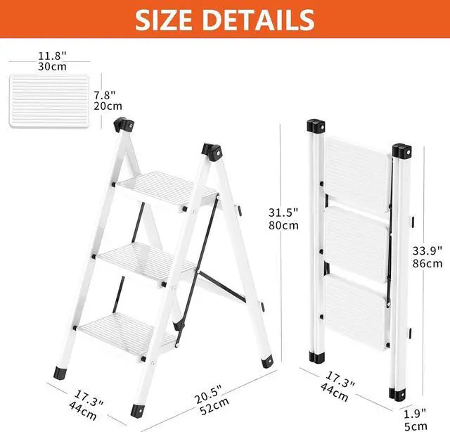 Alt view image 7 of 7 - JOISCOPE 3 Step Ladder Folding Step Stool for Adults with Wide Anti Slip Pedal, 400 lbs Capacity Lightweight Small Strudy Step Ladder for Home Kitchen Office, White