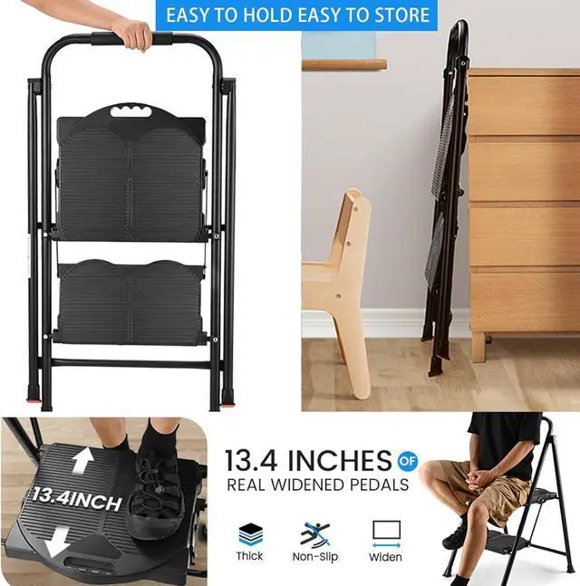 Alt view image 4 of 7 - 600lbs 2 Step Ladder,Folding Step Stool with Wide Anti-Slip Pedal, Heavy Duty Sturdy Steel Ladder with Handgrip,Portable Steel Step Stool for Home Kitchen Library Office (Matte Black)