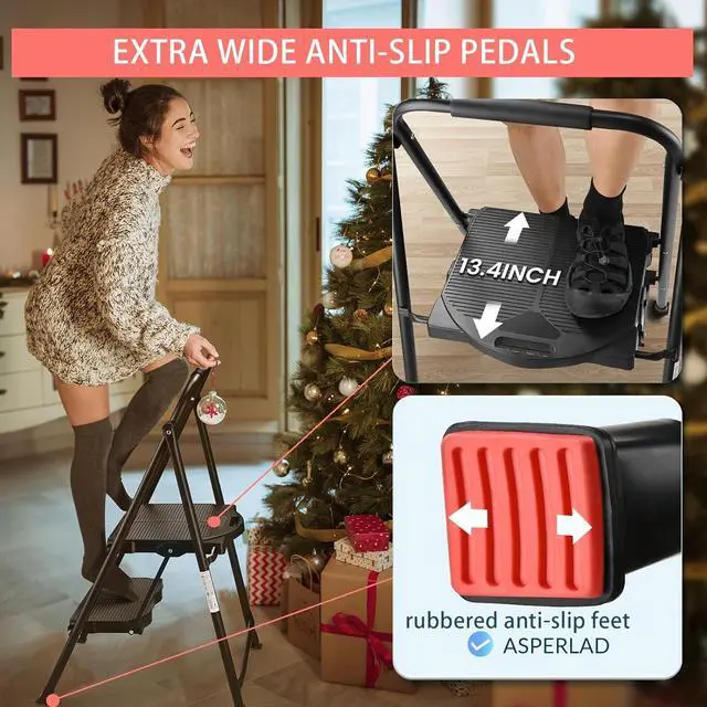 Alt view image 2 of 7 - 600lbs 2 Step Ladder,Folding Step Stool with Wide Anti-Slip Pedal, Heavy Duty Sturdy Steel Ladder with Handgrip,Portable Steel Step Stool for Home Kitchen Library Office (Matte Black)