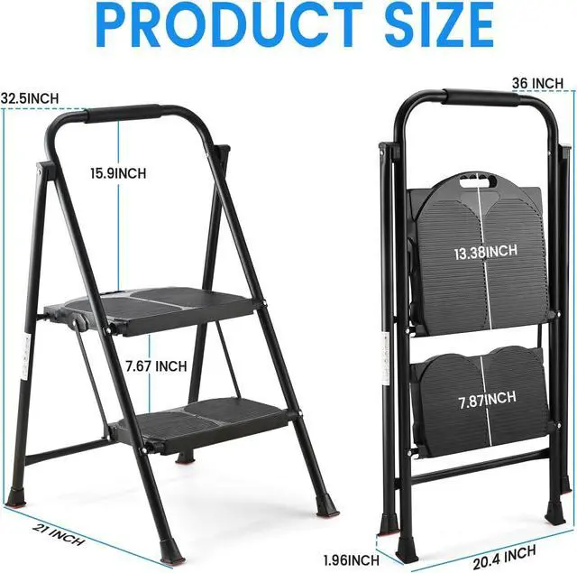 Alt view image 6 of 7 - 600lbs 2 Step Ladder,Folding Step Stool with Wide Anti-Slip Pedal, Heavy Duty Sturdy Steel Ladder with Handgrip,Portable Steel Step Stool for Home Kitchen Library Office (Matte Black)