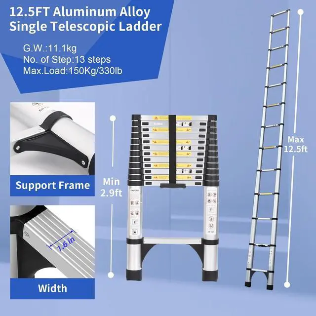 Alt view image 2 of 7 - JADDUO Telescoping Ladder 12.5 FT Extension Ladder Aluminum Lightweight Telescopic Ladders with 2 Triangle Stabilizers Ladders for Travel & Home & RV