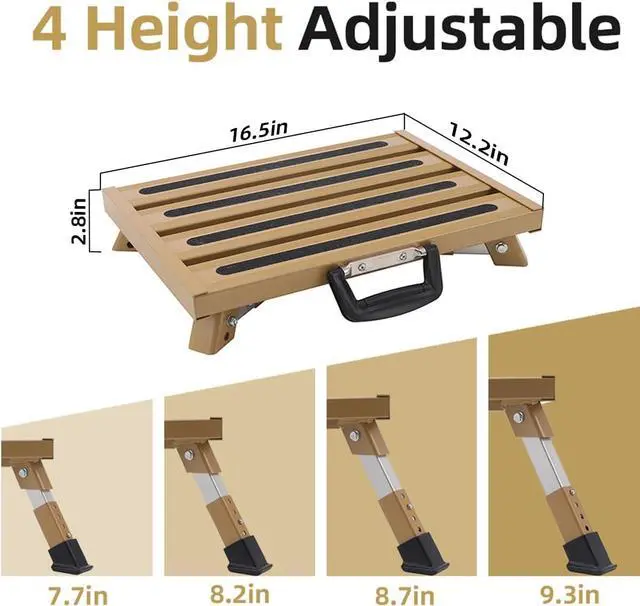Alt view image 2 of 6 - Aluminum RV Steps, 4-Level Adjustable Folding Step Stool with Non-Slip Rubber Feet, Non-Slip Fluorescent Strip Platform Rv Accessories, Supports Up to 1000 lbs - Gold