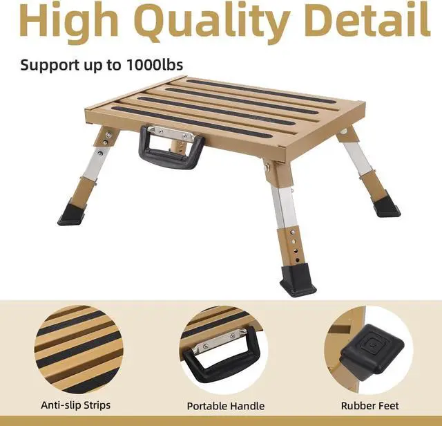 Alt view image 3 of 6 - Aluminum RV Steps, 4-Level Adjustable Folding Step Stool with Non-Slip Rubber Feet, Non-Slip Fluorescent Strip Platform Rv Accessories, Supports Up to 1000 lbs - Gold