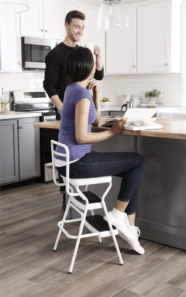 Alt view image 4 of 7 - COSCO Stylaire Retro Chair + Step Stool with Flip-Up Vinyl Seat, White