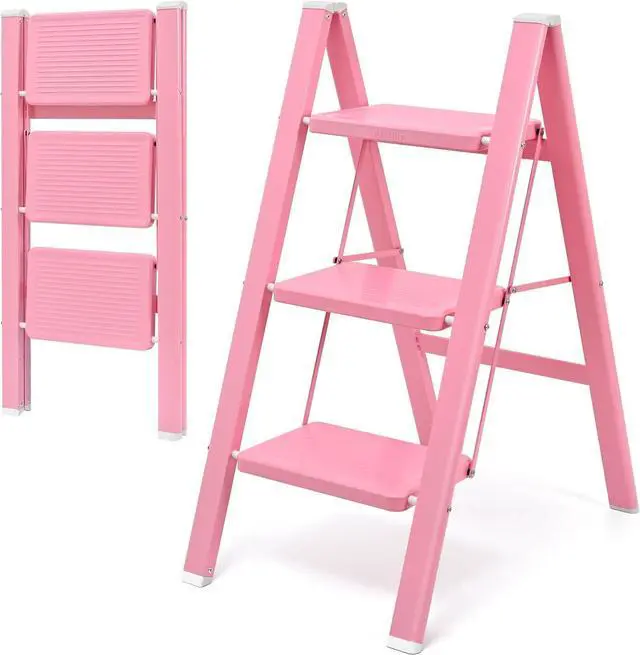 Main image of GameGem Pink Step Ladder 3 Step Folding, Small Step Stool for Women to Reach Higher Places, Widen 7.9Inch Pedal for Comfortable Use, Anti-Slip Foot for Safe Use, Sturdy and Fold Thin, 330Lbs Load