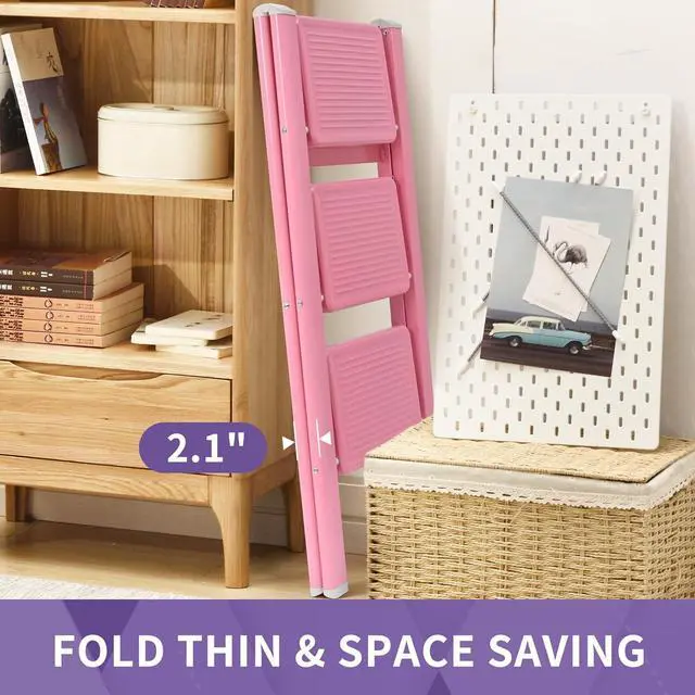 Alt view image 5 of 7 - GameGem Pink Step Ladder 3 Step Folding, Small Step Stool for Women to Reach Higher Places, Widen 7.9Inch Pedal for Comfortable Use, Anti-Slip Foot for Safe Use, Sturdy and Fold Thin, 330Lbs Load