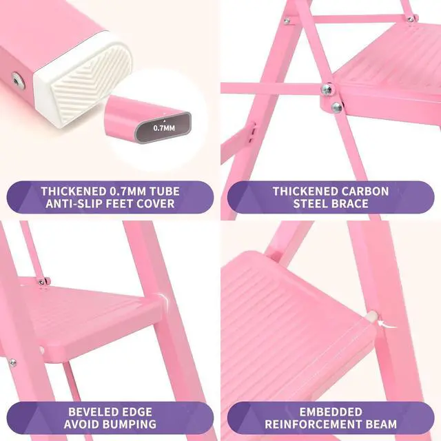 Alt view image 3 of 7 - GameGem Pink Step Ladder 3 Step Folding, Small Step Stool for Women to Reach Higher Places, Widen 7.9Inch Pedal for Comfortable Use, Anti-Slip Foot for Safe Use, Sturdy and Fold Thin, 330Lbs Load