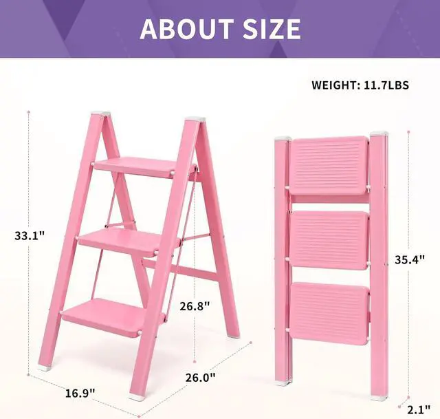 Alt view image 6 of 7 - GameGem Pink Step Ladder 3 Step Folding, Small Step Stool for Women to Reach Higher Places, Widen 7.9Inch Pedal for Comfortable Use, Anti-Slip Foot for Safe Use, Sturdy and Fold Thin, 330Lbs Load