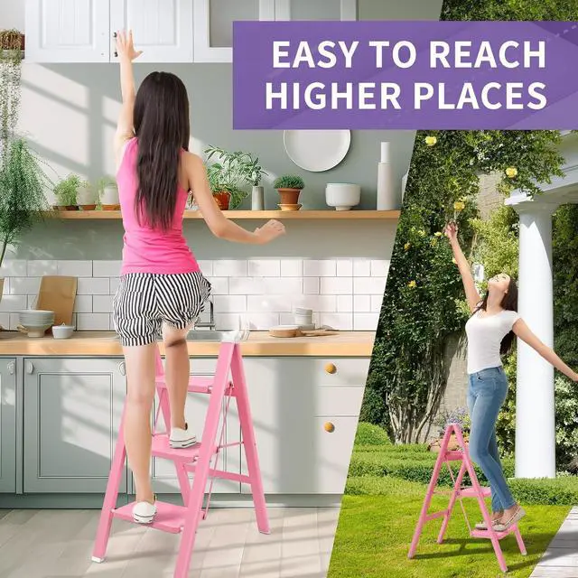Alt view image 7 of 7 - GameGem Pink Step Ladder 3 Step Folding, Small Step Stool for Women to Reach Higher Places, Widen 7.9Inch Pedal for Comfortable Use, Anti-Slip Foot for Safe Use, Sturdy and Fold Thin, 330Lbs Load