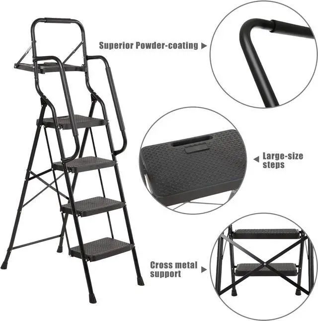 Alt view image 6 of 7 - WiberWi 4 Step Ladder with Handrails Folding Step Stool with Tool Plateform, 330 lb Capacity Step Stools for Adults Portable Ladder for Home Kitchen Steel Frame with Non-Slip Wide Pedal