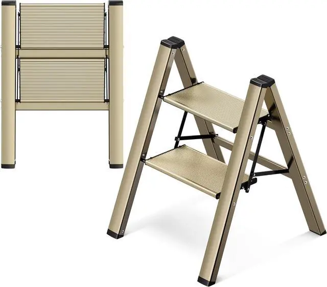 Main image of GameGem 2 Step Ladder, Aluminum Folding Step Stool with Anti-Slip Sturdy and Wide Pedal, Lightweight Portable Stepladder for Home and Kitchen Use Space Saving, 330 lbs, Champagne Gold