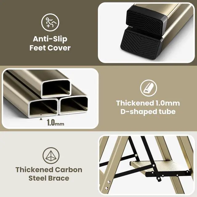Alt view image 3 of 6 - GameGem 2 Step Ladder, Aluminum Folding Step Stool with Anti-Slip Sturdy and Wide Pedal, Lightweight Portable Stepladder for Home and Kitchen Use Space Saving, 330 lbs, Champagne Gold