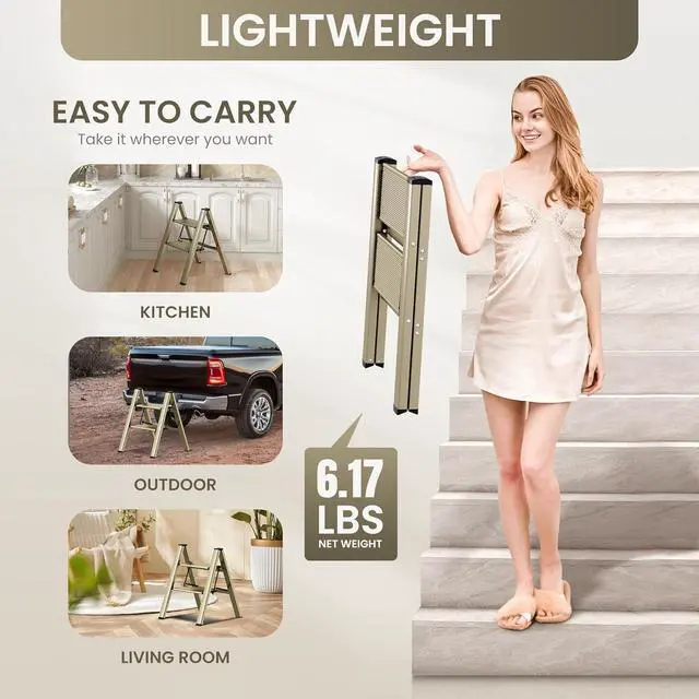 Alt view image 4 of 6 - GameGem 2 Step Ladder, Aluminum Folding Step Stool with Anti-Slip Sturdy and Wide Pedal, Lightweight Portable Stepladder for Home and Kitchen Use Space Saving, 330 lbs, Champagne Gold