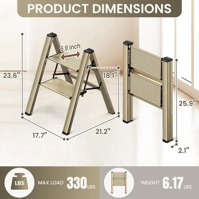Alt view image 6 of 6 - GameGem 2 Step Ladder, Aluminum Folding Step Stool with Anti-Slip Sturdy and Wide Pedal, Lightweight Portable Stepladder for Home and Kitchen Use Space Saving, 330 lbs, Champagne Gold