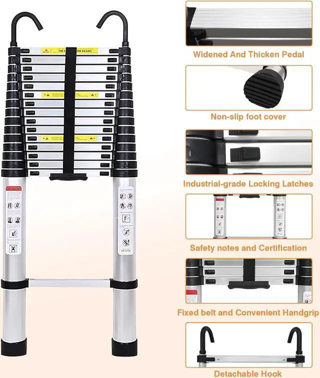 Alt view image 2 of 7 - Aluminum Telescoping Ladder 20.3FT 6.2M Extension Tall Loft Ladder with Hooks Slow Down Design Extendable Ladders Portable for Household Daily Outdoor Activities, 330 Pound Capacity Silver