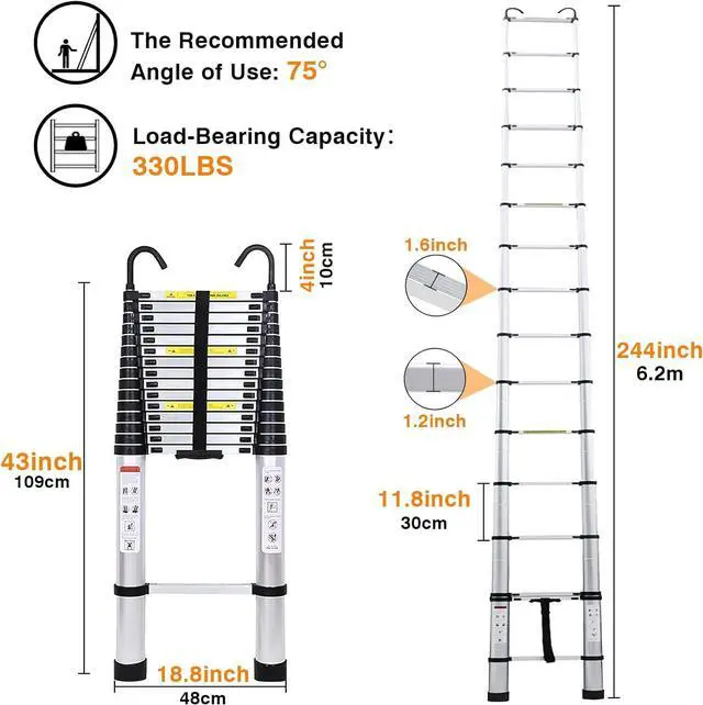 Alt view image 3 of 7 - Aluminum Telescoping Ladder 20.3FT 6.2M Extension Tall Loft Ladder with Hooks Slow Down Design Extendable Ladders Portable for Household Daily Outdoor Activities, 330 Pound Capacity Silver